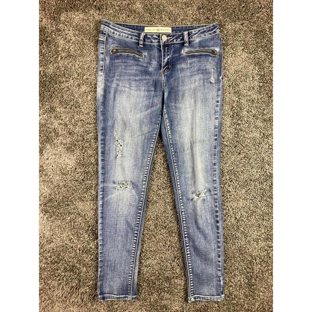 Ashley Mason Distressed Skinny Jeans Blue with Zip Pockets – Girls Size 11